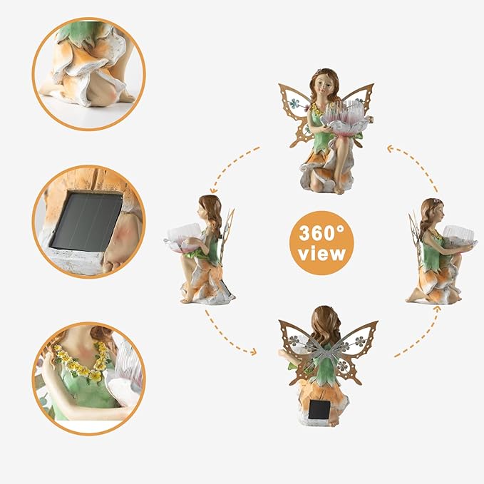 Garden Fairy Decor,Solar Outdoor Statues, Fairy Garden Accessories, Fairy Figurine for Outside Garden Gifts,Resin Ornaments for Patio Yard Lawn,Size6.5 x 5.12 x 9.45 inches