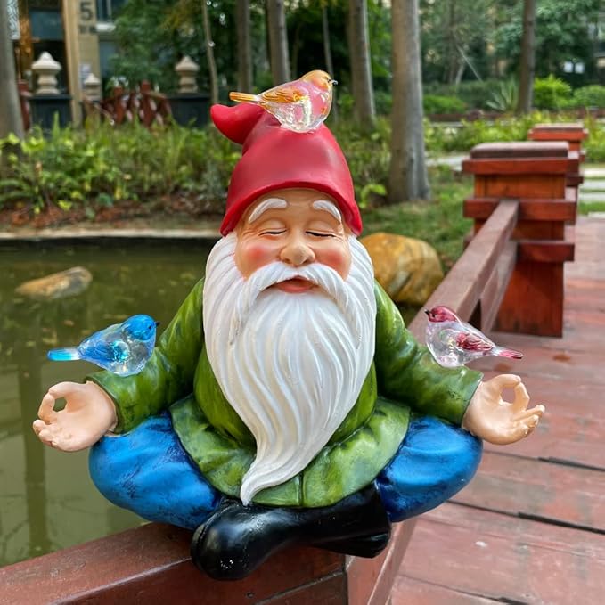 Solar Powered Gnome with Red Hat and 3 Birds Decorated Solar Light, Garden Decorations Statues, Garden Light Decor for Lawn Ornaments, Resin Garden Figurines (Gnome with 3 Birds)