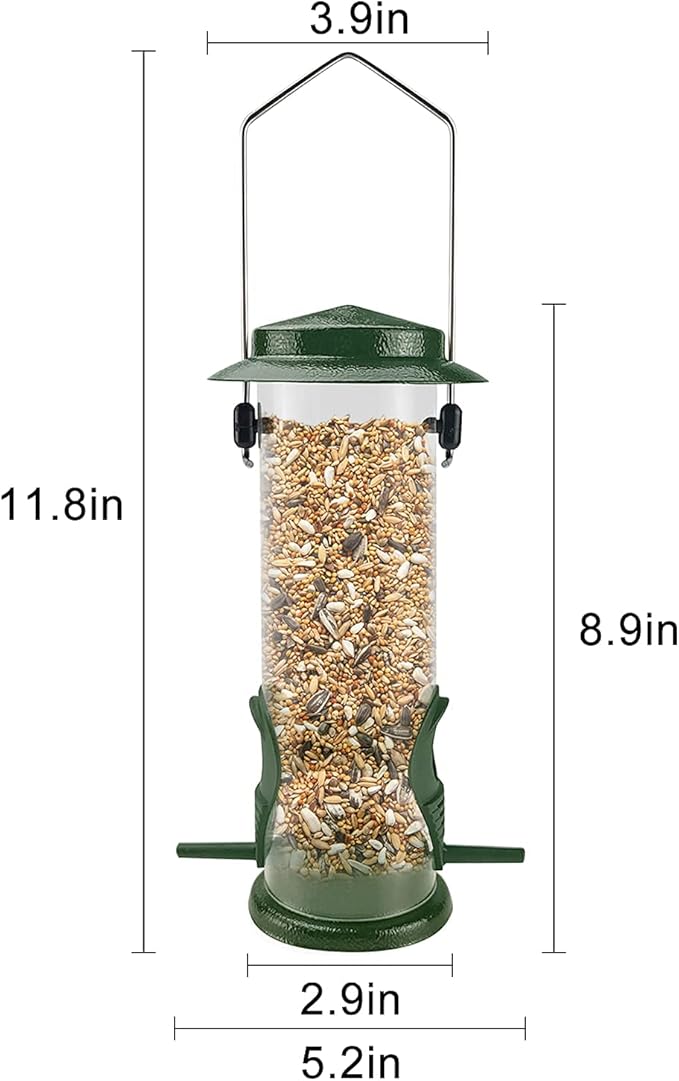 MIXXIDEA Wild Bird Feeders For Outdoors Hanging Stainless Steel Hanging Bird Feeder Tube, Finch Feeder For Garden Backyard Decoration Attractive Water Resistant Bird Feeders For Outside Green - 2 Pack