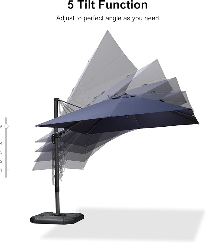 PURPLE LEAF 9.8' X 9.8' Tilting Patio Umbrella with Base Outdoor Cantilever Swivel Square Umbrella with Tilt Aluminum Offset Umbrella with 360-degree Rotation for Garden Deck Pool Patio Navy