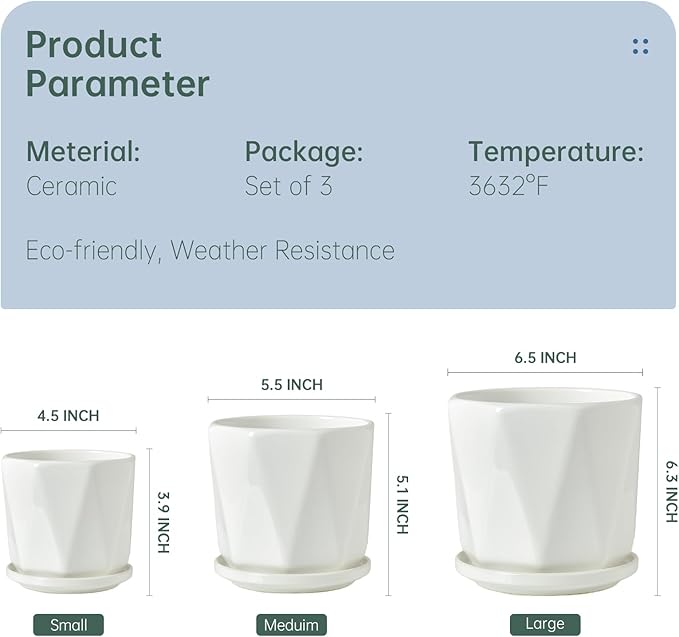 Octagon Ceramic Plant Pots - Indoor White Flower Planter Set with Drainage Holes, 6.7/5.5/4.7 Inch, Modern Decorative Planter Outdoor for Succulents Snakes and Herb