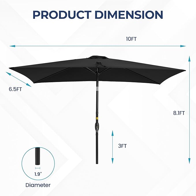SUNVIVI OUTDOOR Patio Umbrella, 6.5' x 10' Rectangular Patio Umbrella, Metal Pole Square Outdoor Umbrella with Crank and Push Button Tilt, 6 Steel Ribs, Polyester Canopy