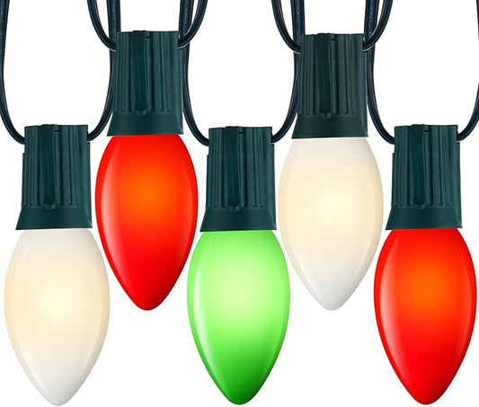 Minetom Outdoor Christmas Lights, 50 FT Vintage Red Green and White C9 Christmas String Lights for Christmas Holiday Indoor Room Roofline Backyard Garden Patio Home Decor, E17 Base, Green Wire