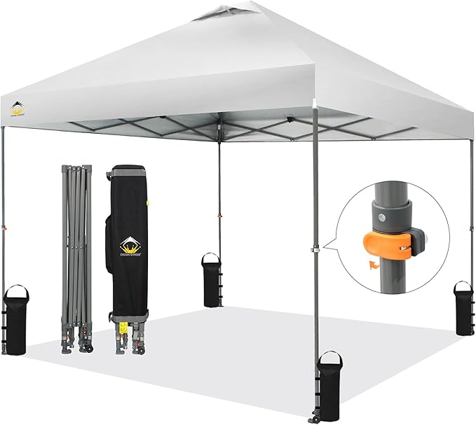 CROWN SHADES Adjustable Height on The Fly, 10x10 Pop Up Canopy - Beach Tent with One Push Setup - Easy Outdoor Sun Shade for Events, Parties, Camping - Outside Shade with STO-N-Go Bag, White