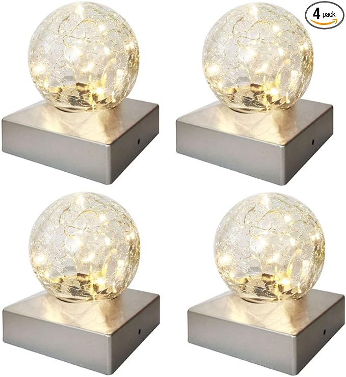 Solar Post Lights - Outdoor Post Cap Light for Fence Deck or Patio Garden Decoration Solar Powered Caps, LED Lighting, Lamp Fits 4x4 in - Warm White 4 Pack