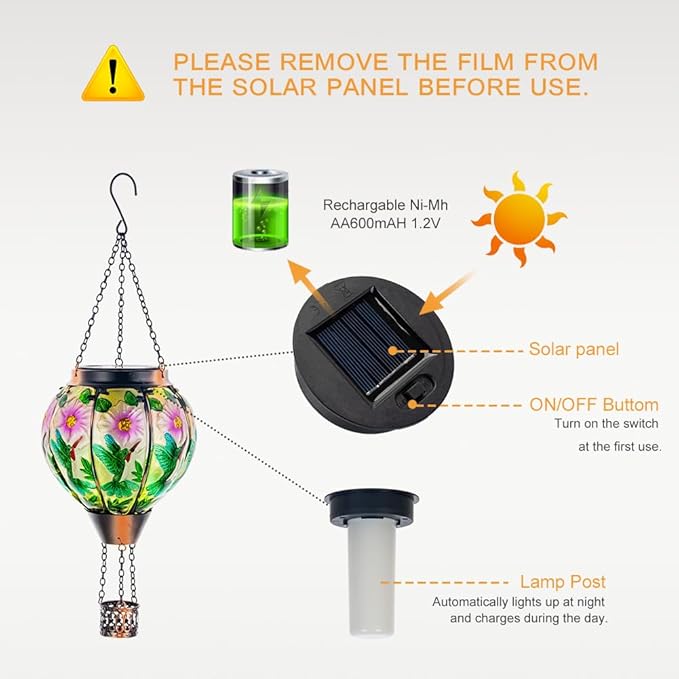 DREAMSOUL 2PCS Hummingbird Hot Air Balloon Solar Lantern, Hanging Glass Solar Lanterns Outdoor Waterproof for Garden Tree