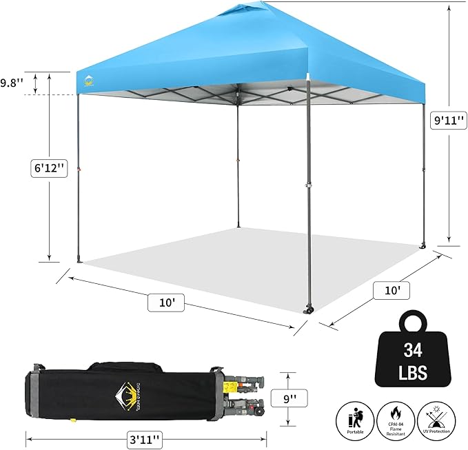 CROWN SHADES Adjustable Height on The Fly, 10x10 Pop Up Canopy - Beach Tent with One Push Setup - Easy Outdoor Sun Shade for Events, Parties, Camping - Outside Shade with STO-N-Go Bag, Sky Blue