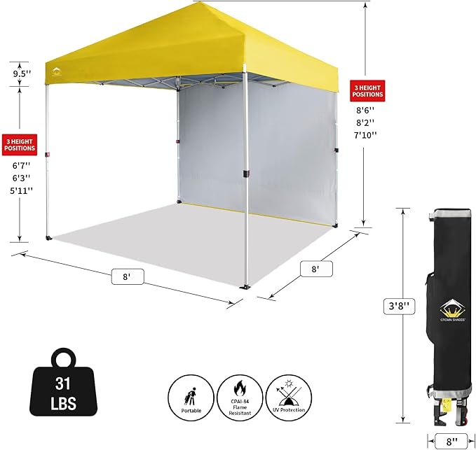 CROWN SHADES 8x8 Pop Up Canopy with 1 Side Wall - Beach Tent with One Push Setup - Outdoor Sun Shade for Events, Parties, Camping - Gazebo with STO-N-Go Cover Bag (Yellow)