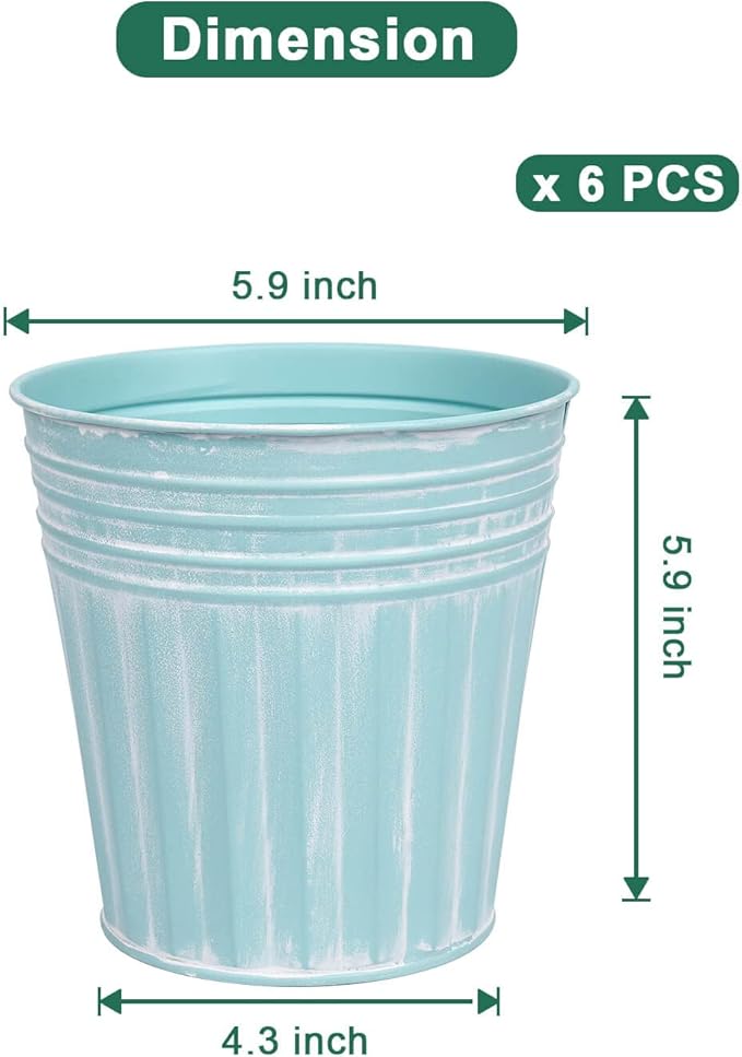 vensovo 6 Inch Cyan Blue Metal Rustic Flower Pots - 6Pcs Galvanized Planters with Drainage Hole and Rubber Plug, Rustproof Metal Bucket Plant Pots Farmhouse Vintage Style for Decor