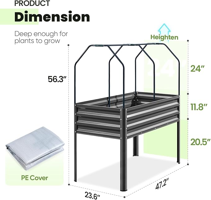 KING BIRD Large Raised Garden Bed with Cover Galvanized Elevated Planter Box with Legs 48×24×56 in for Backyard, Patio, Balcony, 400lb Capacity, Dark Grey