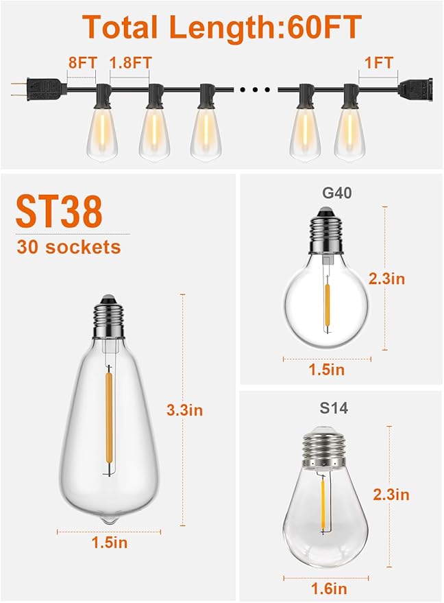 GPATIO Outdoor String Lights, 60FT Waterproof Patio Lights with 32 Hanging Globe ST38 Bulbs, 2700k Shatterproof for Backyard Gazebo Porch Garden Commerical Outside Decor