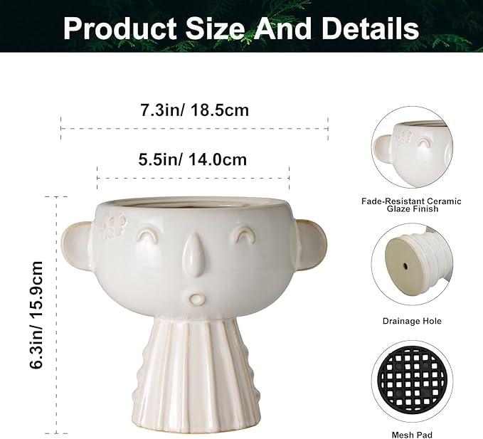 Face Planter Pot 7 Inch - Cute Ceramic Flower Head Planter for Indoor Outdoor Succulent Pot with Drainage Hole Flower Pot Present for Mother Christmas White