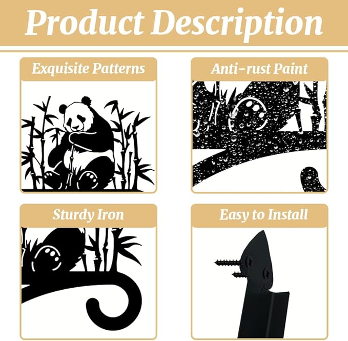 Peacoblue Iron Plant Hangers Holder for Outdoor Indoor Hanging Plants Flower Fern Pots Lantern Bird Feeder Wind Chimes, 12”x14” Weather Resistant Metal Wall Bracket Hooks for Porch Garden House(Panda)