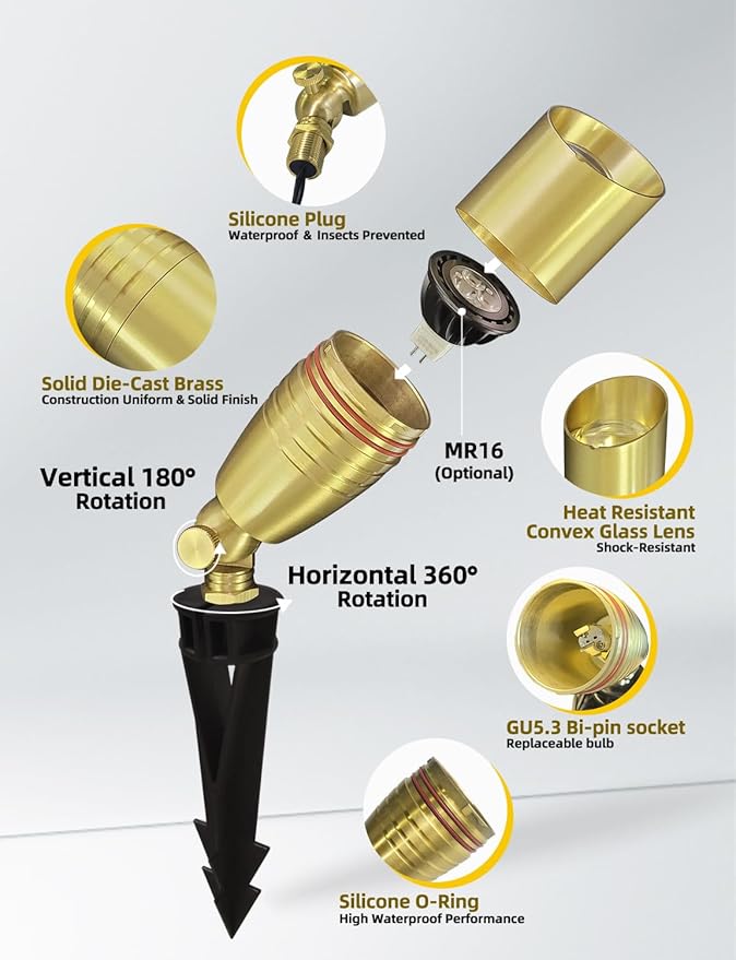 COLOER Die-cast Brass Landscape Spotlight 12-Pack Without Bulb,12V AC/DC Low Voltage Copper Outdoor Lighting with Ground Stake, Directional Garden Patio Spot Up Light (102B Brass Finish)