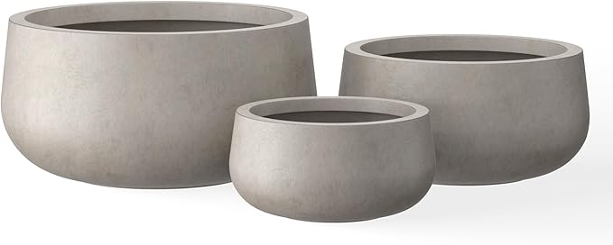 Kante 19.6",15.7",11.8" Dia Round Concrete Planters Set of 3, Outdoor Indoor Large Plant Pots with Drainage Hole, Modern Curvaceous Design, Weathered Concrete