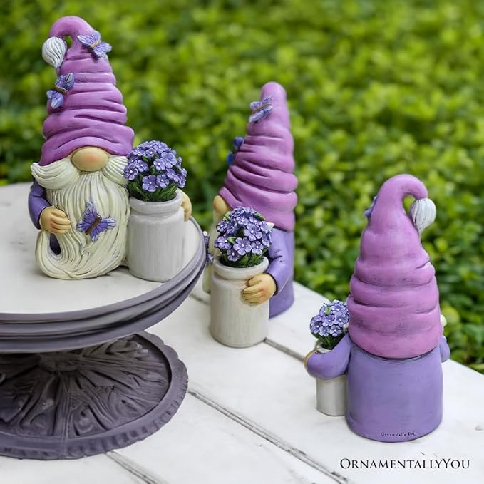 Garden Grace Lavender Gnome Figurine, 10" Purple Home Decor Statue with Butterflies and Flowers