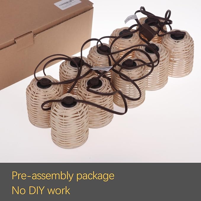 Natural Rattan String Lights, 10 Rustic Raffia Cage,10 Ft Plug in & Connectable Wicker Lights, Rustic Farmhouse Style for Room,Garden,Deck,Patio Decorations, Natural Color Rattan
