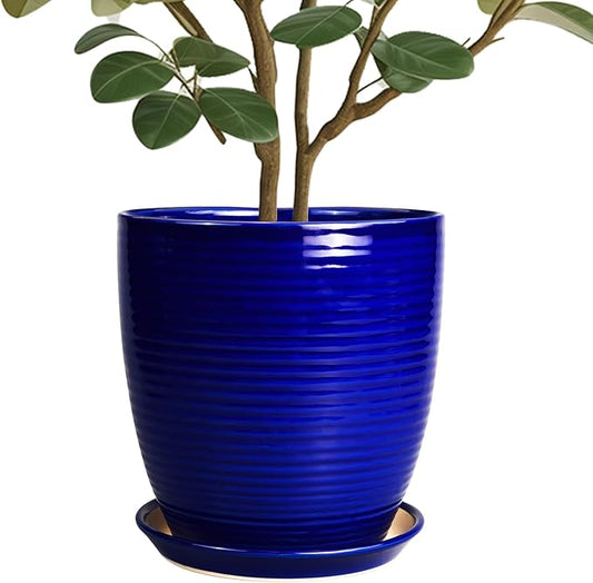 Ceramic Planter Pot - 10 Inch Plant Pot Indoor with Drainage Hole and Saucer Round Planter Large Modern Decorative Flower Pot Outdoor Garden Pot Blue