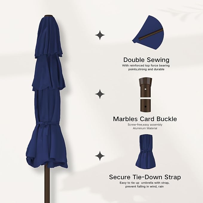 Kingdura 9ft 3-Tier Patio Umbrella with Solar Lights, Table Umbrella Outdoor Patio with Easy Crank & Tilt, 8 Sturdy Ribs, UV Protection, 32 LED Lights for Deck, Poolside, Market (Navy blue)