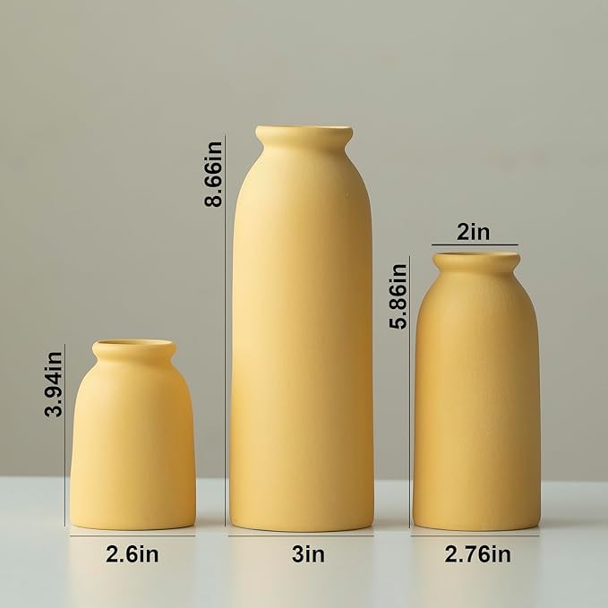 Ceramic Vase Set-3, Small Flower Vases for Decor, Modern Boho Farmhouse Style, Decorative Vases for Pampas Grass & Dried Flowers, Distressed Finish (Yellow)