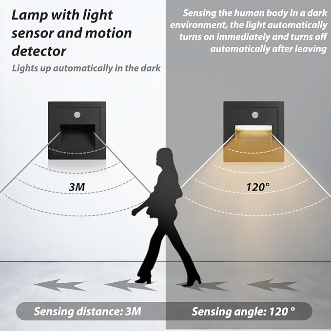 1Pcs/1.5W LED Recessed Wall Light with Motion Sensor, IP20 Indoor Step Lights, Low Voltage Bodysensor LED Stair Lights, Warm White 3000K for Indoor Stairs, Home, Kitchen, Attic, Aisle
