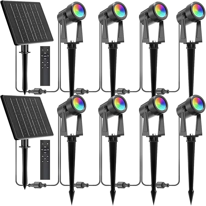 ZYAN Solar Powered Landscape Spotlights Outdoor Waterproof IP65, RGBW Colored Spotlights for Garden Yard, Auto On/Off Remoto Control Spot Lights for Plant, Tree, Patio, Path, Lawn, Wall (8 Pack)