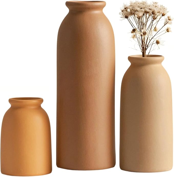 Ceramic Vase Set-3, Small Flower Vases for Decor, Modern Boho Farmhouse Style, Decorative Vases for Pampas Grass & Dried Flowers, Distressed Finish (Earth Tone)