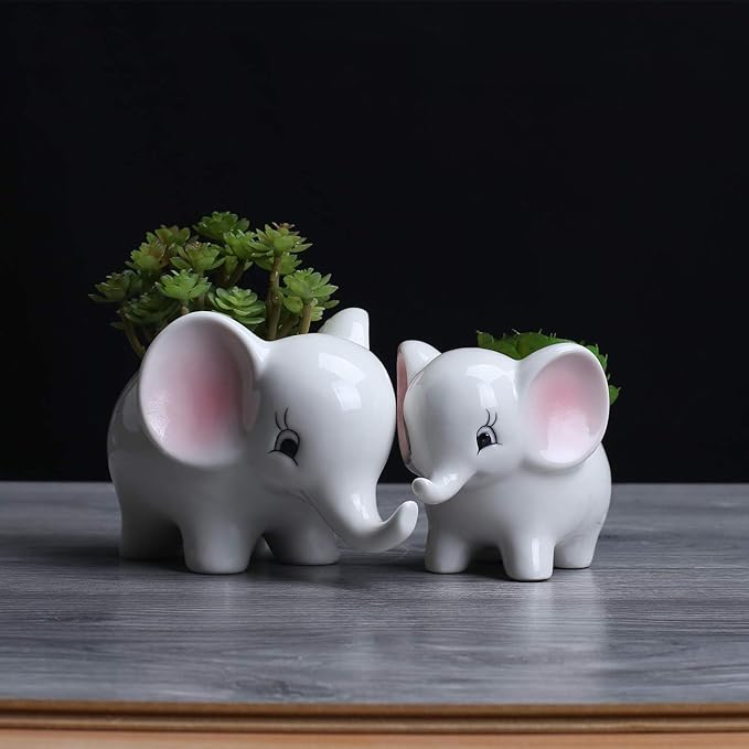 Ogrmar 2PCS Elephant Plant Window Boxes Cute Elephant Flower Pot/Modern White Ceramic Succulent Planter Pots/Tiny Flower Plant Containers Animal Decor