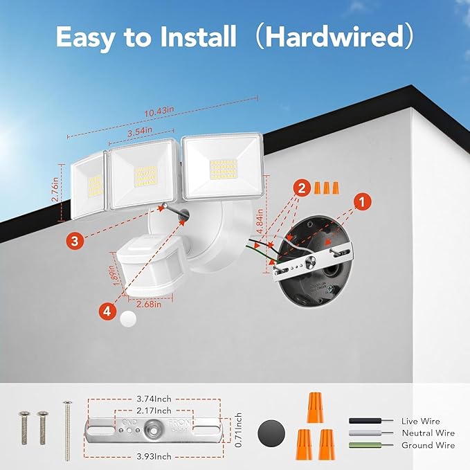 OREiN 10000LM Flood Lights Outdoor, 180°/75FT Motion Sensor Outdoor Lights 4 Modes Dimmable Dusk to Dawn Floodlights IP65 Waterproof for 8000SQ.FT Area for Big Patio, Driveway, White (Hardwired)