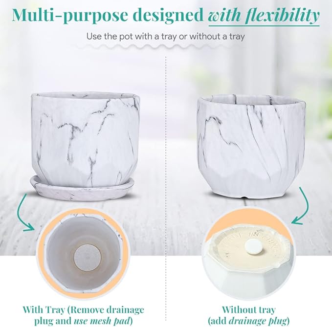 Large 7 Inch Marble White Plant Pots Planters with Saucer Tray, Mesh Pad, Drainage Hole and Stopper, Hand Glazed Flower Pot, Garden Indoor Outdoor Planter, Modern Home Decor (Ceramic, White)