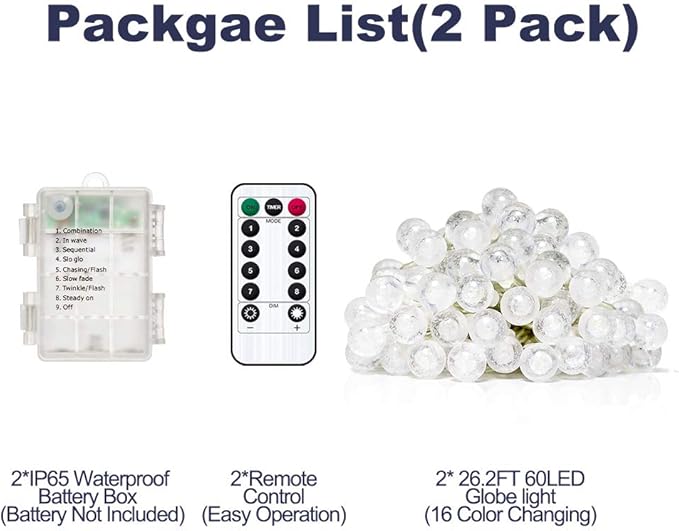 YoTelim Globe String Lights Battery Operated ，2 Pack 26.2FT 60 LED Cool White Water Proof Crystal Ball Outdoor String Lights with Remote Control for Home, Patio,Party, Christmas, Garden Decor