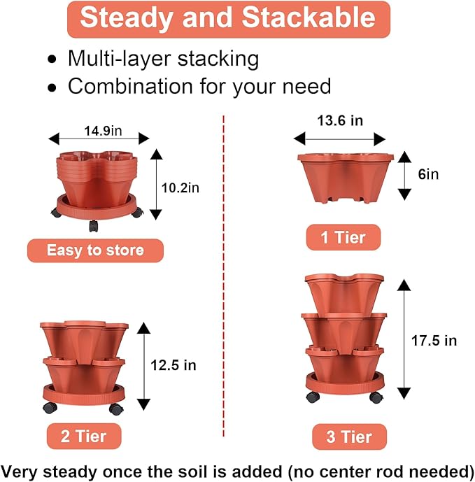 Vertical Planter 3 Tier Stackable Planters Garden Planters Strawberry Herb Flower and Vegetable Planter Indoor Outdoor Gardening Pots with Removable Wheels and Tools