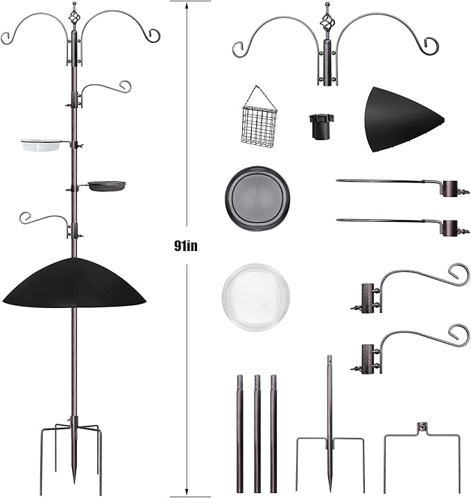 Bird Feeder,91in 4 Hook Bird Feeder Pole with Squirrel Baffle,Bath and Mesh Tray,Steel Multi-Feeder Kit Stand for Attracting Wild Birds, Easy Assembly for Courtyards (Weld, Black 91IN)