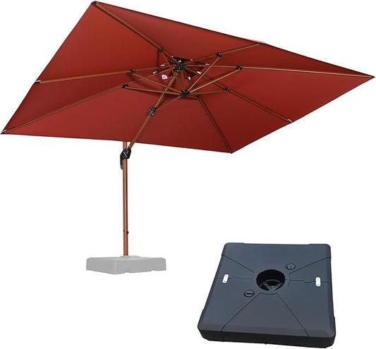 PURPLE LEAF 9' X 12' Double Top Deluxe Wood Pattern Rectangle Patio Umbrella with Base Offset Hanging Umbrella Outdoor Market Umbrella Garden Umbrella, Brick Red