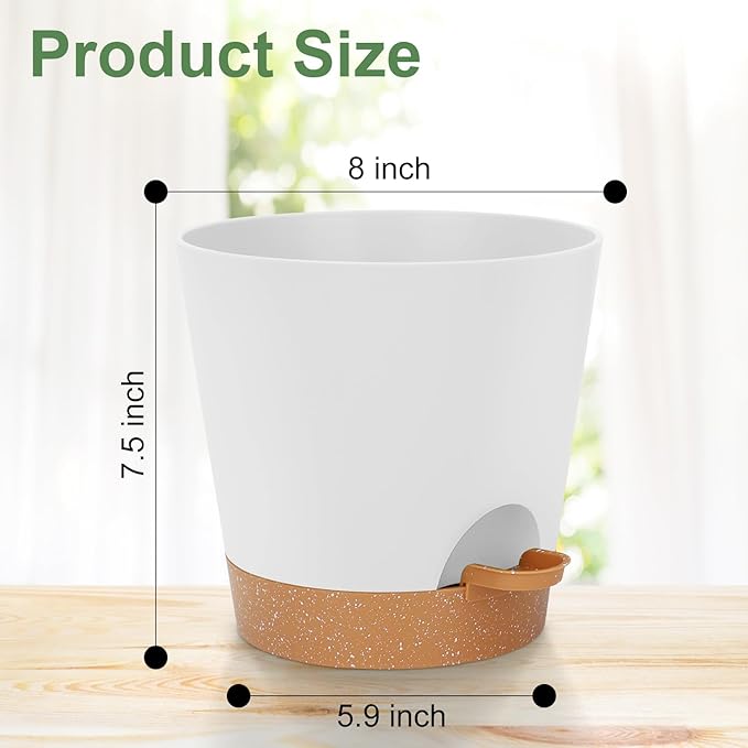 8-Inch Plant Pots, Self-Watering Planters with Drainage Holes & Saucers for Indoor and Outdoor Plants (2-Pack, White)