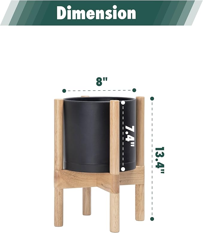 D'vine Dev Planter Pot with Stand - 8 Inch Plastic Cylinder Flower Pot with Wood Planter Holder for Indoor, Matte Black Pot + Natural Stand, 55-C-J-2