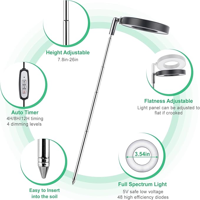 LORDEM Plant Grow Light, Full Spectrum LED Plant Light for Indoor Plants, Growing Lamp with Auto On/Off Timer, 4 Dimmable Brightness, Ideal for Indoor Plants, Black