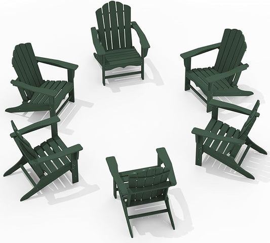 KINGYES HDPE Adirondack Chair Set of 6, Classic All-Weather Adirondack Chair, Green