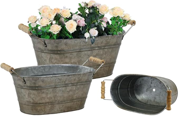 vensovo Galvanized Oval Planter Tubs for Outdoor Plants - Farmhouse Small Metal Tin Buckets with Drain Hole & Rubber Plug Medium Plant Containers with Handles Vintage Style for Decor, Set of 3