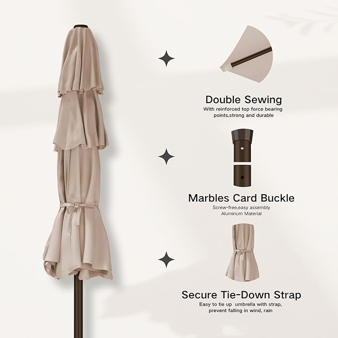 Kingdura 9ft 3-Tier Patio Umbrella with Solar Lights, Table Umbrella Outdoor Patio with Easy Crank & Tilt, 8 Sturdy Ribs, UV Protection, 32 LED Lights for Deck, Poolside, Market (Beige)