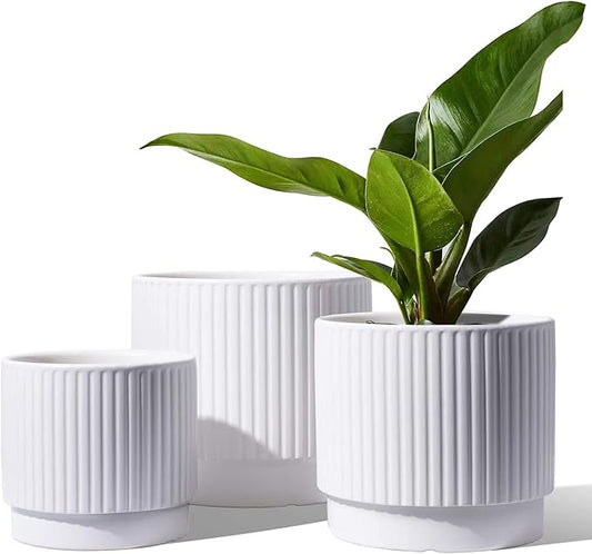 LE TAUCI Ceramic Plant Pots with Drainage Holes, Set of 3, 8+6.7+5.5 Inch Stripe Garden Planter Pots for Outdoor Indoor Plants Flower, Round Succulent Orchid Flower Pot, Small to Large Size, White