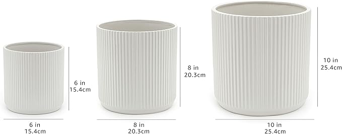 Amazon Basics Assorted Sizes Fluted Ceramic Round Indoor Outdoor Planters with Drainage, Set of 3, Modern Design, 6-Inch, 8-Inch, 10-Inch, White
