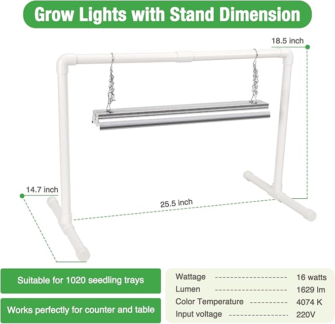 Soligt 2 ft Grow Light for Seed Starting with Stand, Double Tube Warm White Full Spectrum Seedling Grow Light for Indoor Plants, 80 LED Chips, Height Adjustable