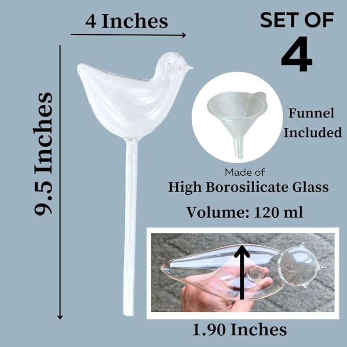 Evelots Plant Self Watering Glass Globes, Bird Shaped Bulbs (4 Pack) Automatic Water Irrigation System for Plants with Funnel, Indoor & Outdoor Use -Extra Long 9.5 Inches