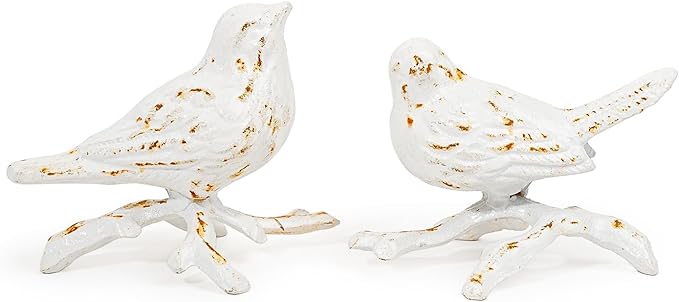 Sungmor Cast Iron Small Bird Statues, Set of 2 Antique White Bird with Branch Collectible Figurines, Farmhouse Home Garden Decorative Bird Sculpture, Realistic Indoor and Outdoor Ornaments