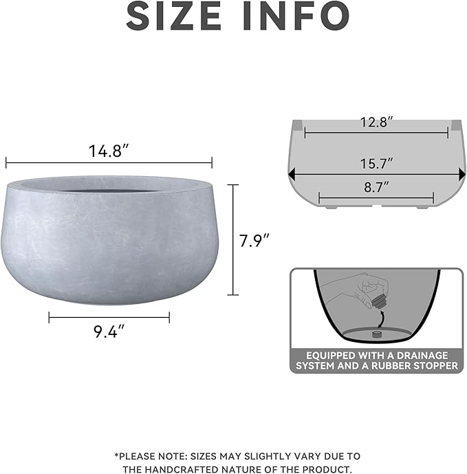 Kante 15.7" Dia Round Concrete Planter, Cement Plant Pots with Drainage Hole and Rubber Plug for Outdoor Indoor Garden Home, Modern Curvaceous Design, Gray