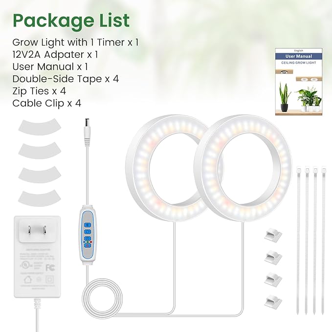 6" Ceiling Grow Lights for Indoor Plants, 168 LEDs Full Spectrum Grow Light, Halo Under Cabinet Plant Growing Lamp with 6/12/16H Auto Timer, 3 Spectrum Modes, 5 Brightness Levels (2-Head)