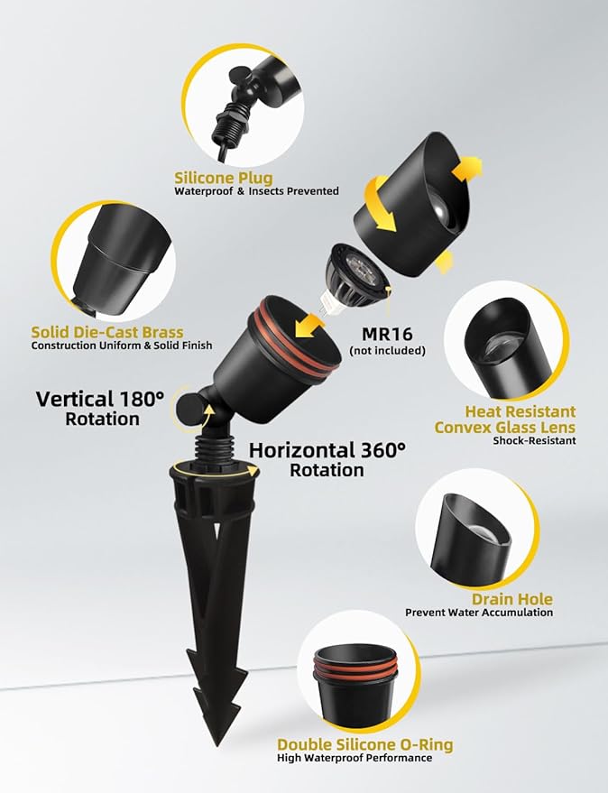 COLOER Brass Low Voltage Landscape Spotlight Fixture(Black) 10-Pack Without Bulb,12V AC/DC Outdoor Spot Lights for Yard, Directional Garden Patio Spot Up Light(101B-Black)