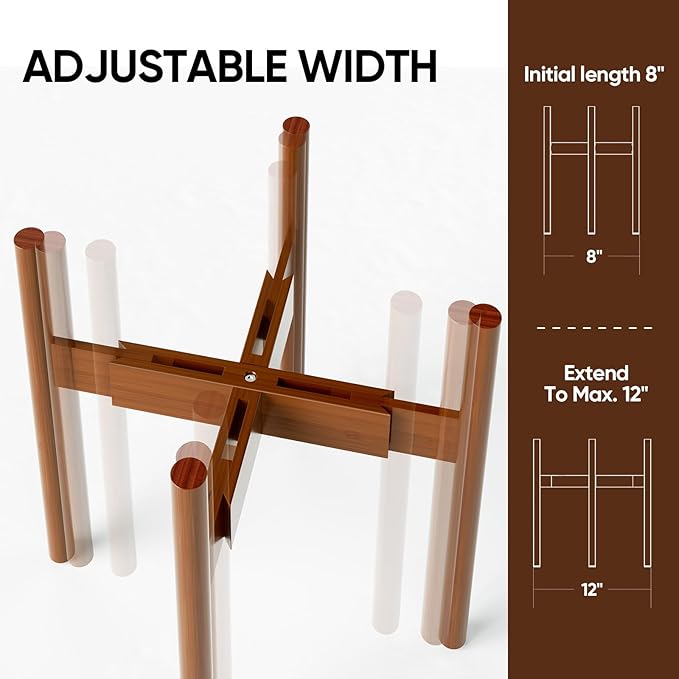 MUDEELA 2 Pack Adjustable Plant Stand Indoor, Bamboo Plant Stand 8 to 12 Inches, Single Floor Plant Stand for Indoor Plants, Bamboo Dark Brown Planter Stand for Indoor Plants, Pot Plant Not Included