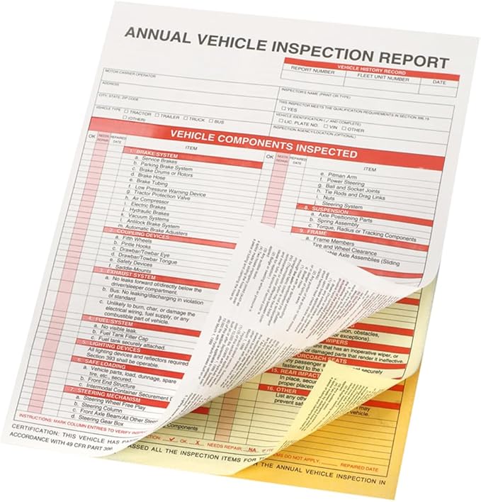 25 Pack 3-Ply Carbonless Annual Vehicle Inspection Report Form with White Interior Inspection Label and Red Exterior Aluminum Inspection Label